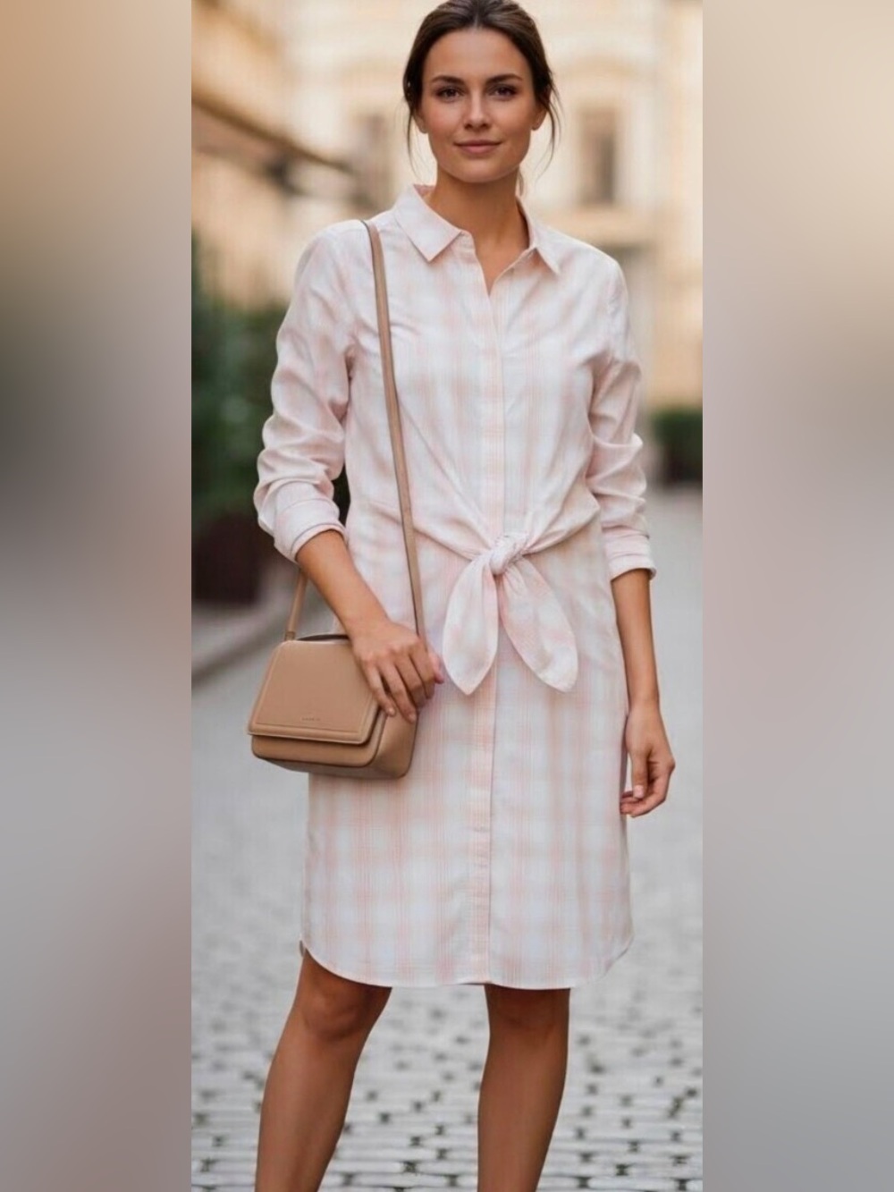 Calvin Klein Light Pink Plaid Long Sleeve Shirt Dress with Waist Tie
